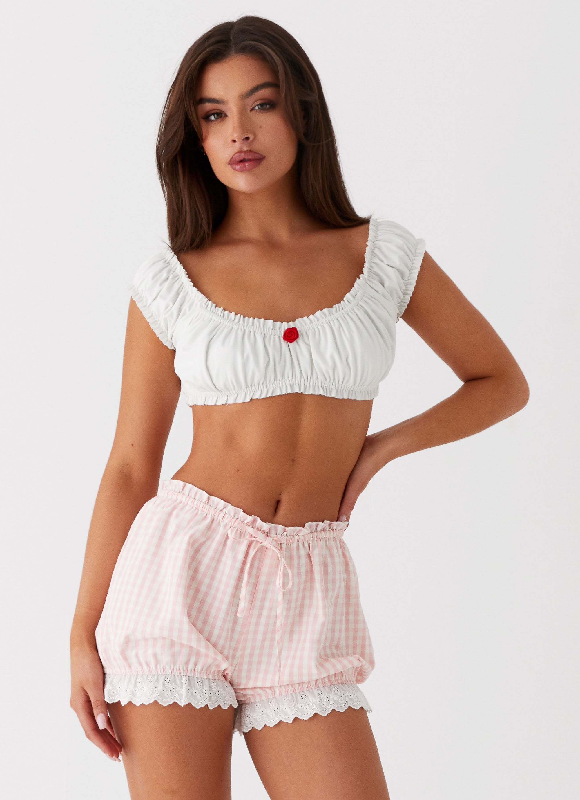 Weston Lace Trim Shorts - Pink Gingham - Image 2